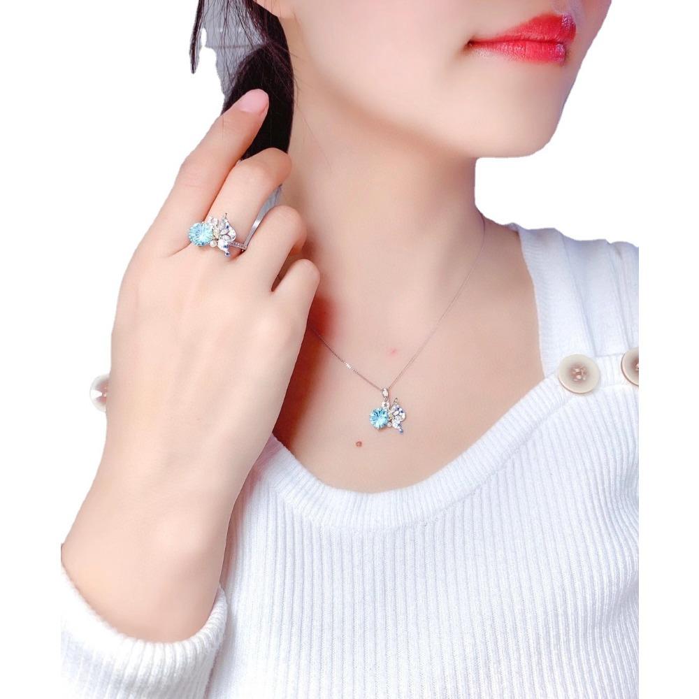 Women Jewelry Set Blue Topaz Butterfly Ring Pendant Necklace Set Fairy Design Firework Cut Live Stream Popular