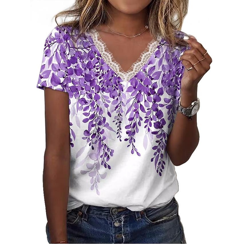 Women's Lace Floral Printed T Shirt V-Neck Short Sleeve Casual Shirts Loose Fashion Blouses Plus Size