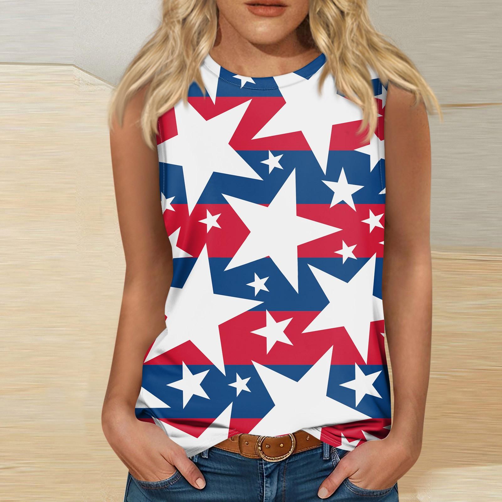 

Женская модная футболка без рукавов с круглым вырезом и принтом ко Дню независимости L белый