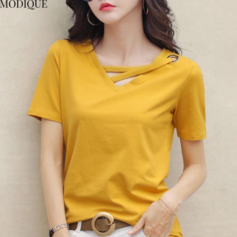 MODIQUE Summer Plus Size New Women's Elegant Minimalist Solid Color T-Shirt Ladies Casual Short Sleeve V-Neck Top