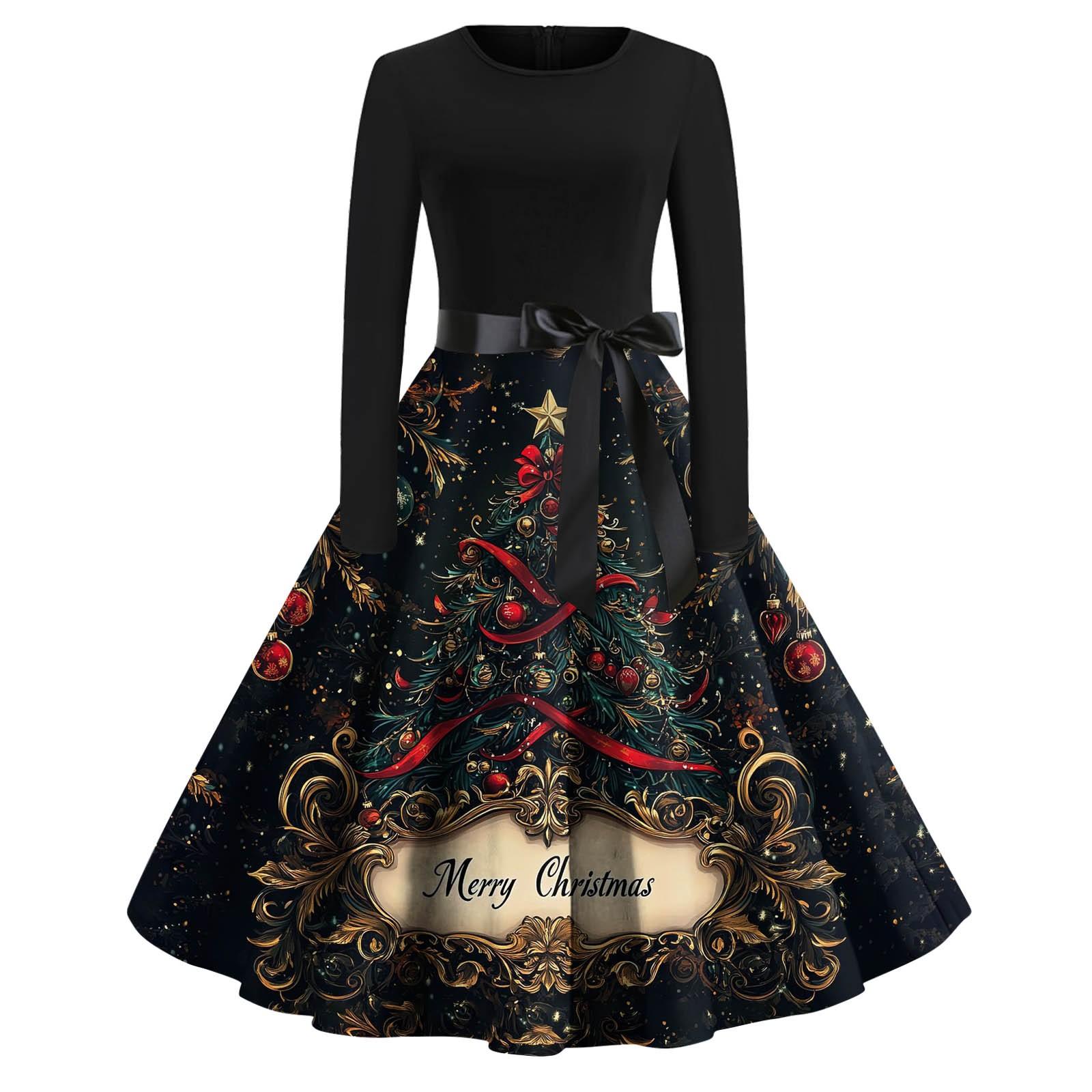 

Женские повседневные модные длинные платья с рождественским графическим принтом и длинными рукавами в винтажном стиле M чёрный