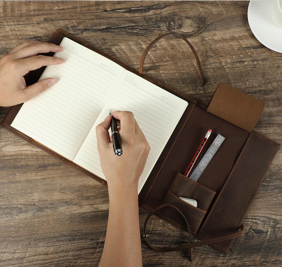 A5 Retro Crazy Horse Leather Notebook Cover with Strap, Handmade, Multi-Card Slots, Office Stationery Organizer