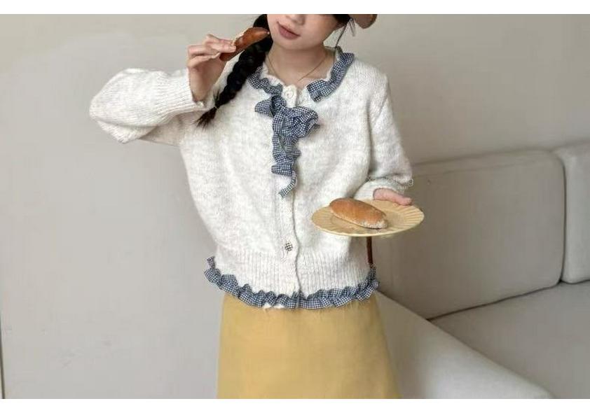 Korean Ruffle Plaid Bow Cardigan - Women's Chic Fall/Winter Long Sleeve Knit Top