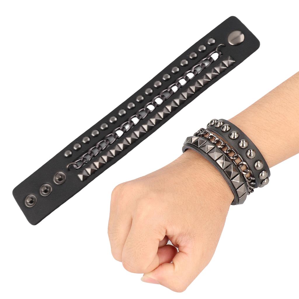 2Pcs Punk Wristband Vintage Multi‑Layer Rivet Motorcycle Faux Leather Cuff Bracelets