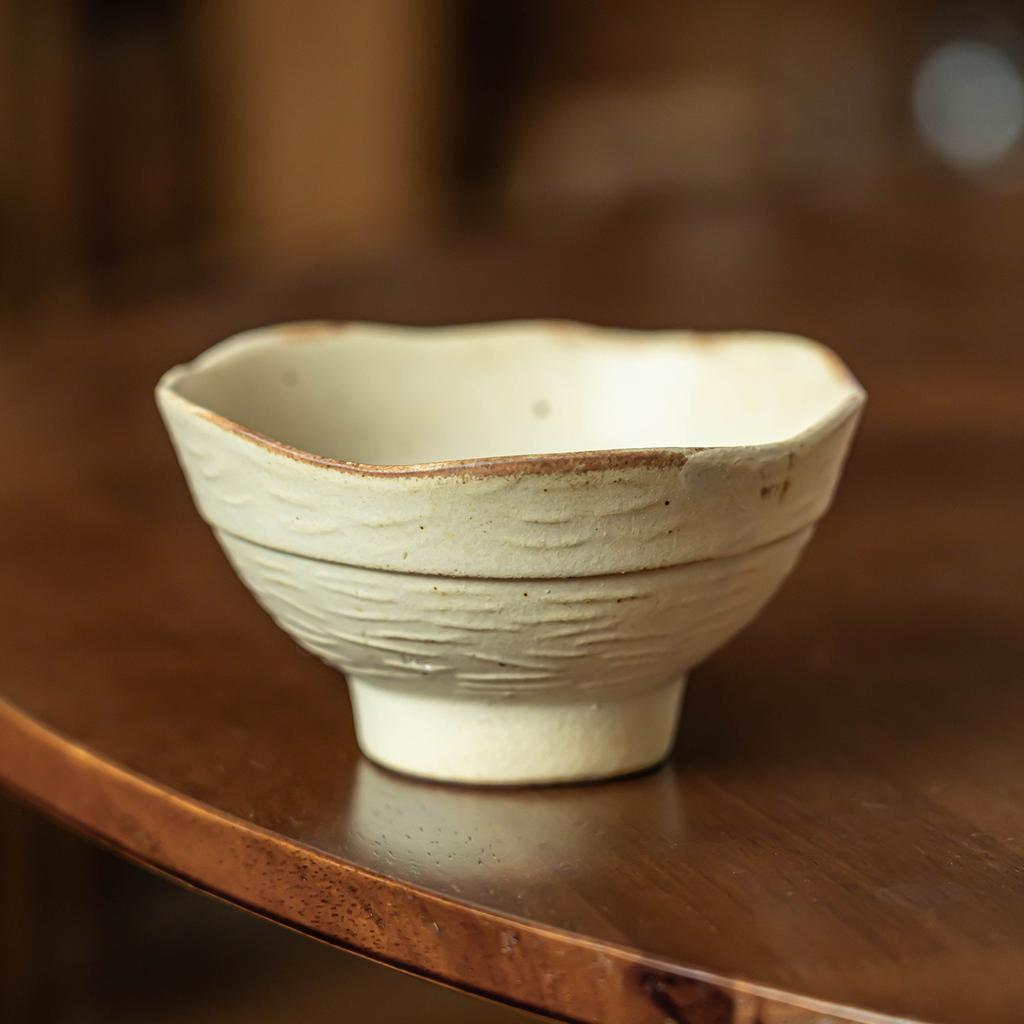 Coarse Pottery Petal Edge Ceramic Bowl Household Rice Bowl Retro Style Tableware Bowl Commercial Tall Bowl