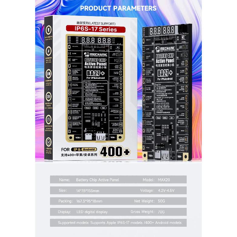 MECHANIC BA27+ Battery Activation Detection Board Battery Fast Charge One-click Activation Tool for IPhone 6s-17PM and Android