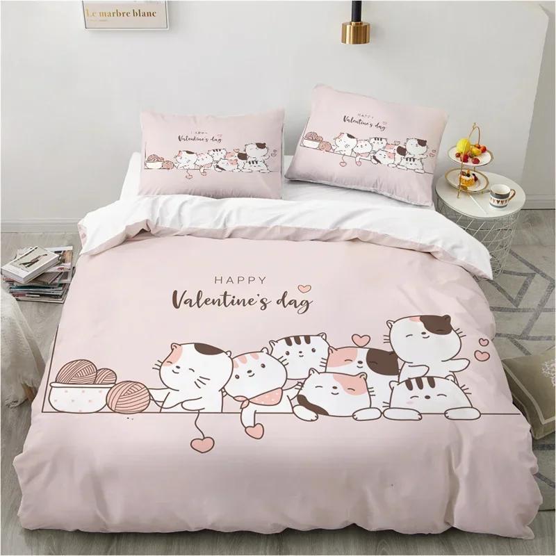 Cute Cartoon Animals Pink Toddler Funny Cat Comfortable Duvet Quilt Cover Pillowcase Bedding Set Bedroom Decoration Home Textile