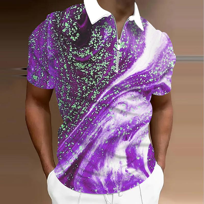 Men's  Shirt Polo Casual Zip Short Sleeve Fashion Casual Zipper Summer Spring Regular Fit 3D Marbling Print Shirt
