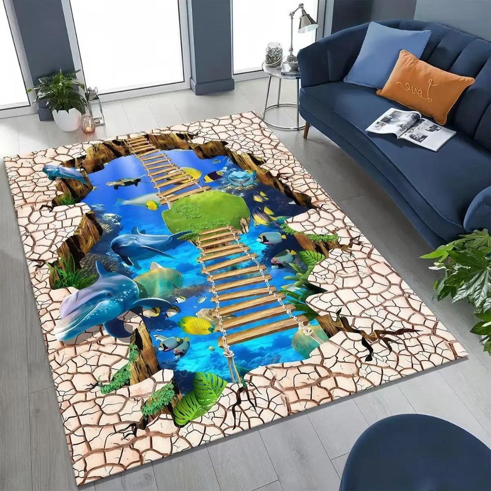 3DCanyon Bridge Carpet Mat Rug Waterfall Valley Home Decoration Non-slip Living Room Illusion Design Floor Mat with Nature Scene