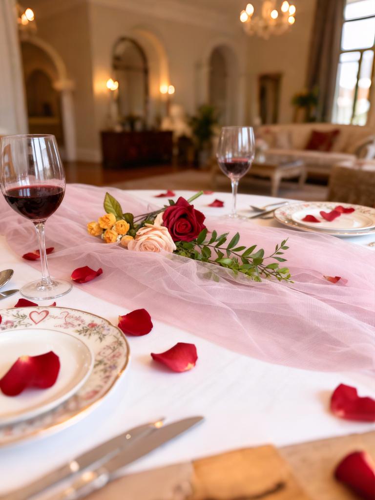 Pink Tulle Table Runner - Sheer Chiffon Tablecloth for Valentine's Day Wedding Anniversary Romantic Dinner Party Home Decoration