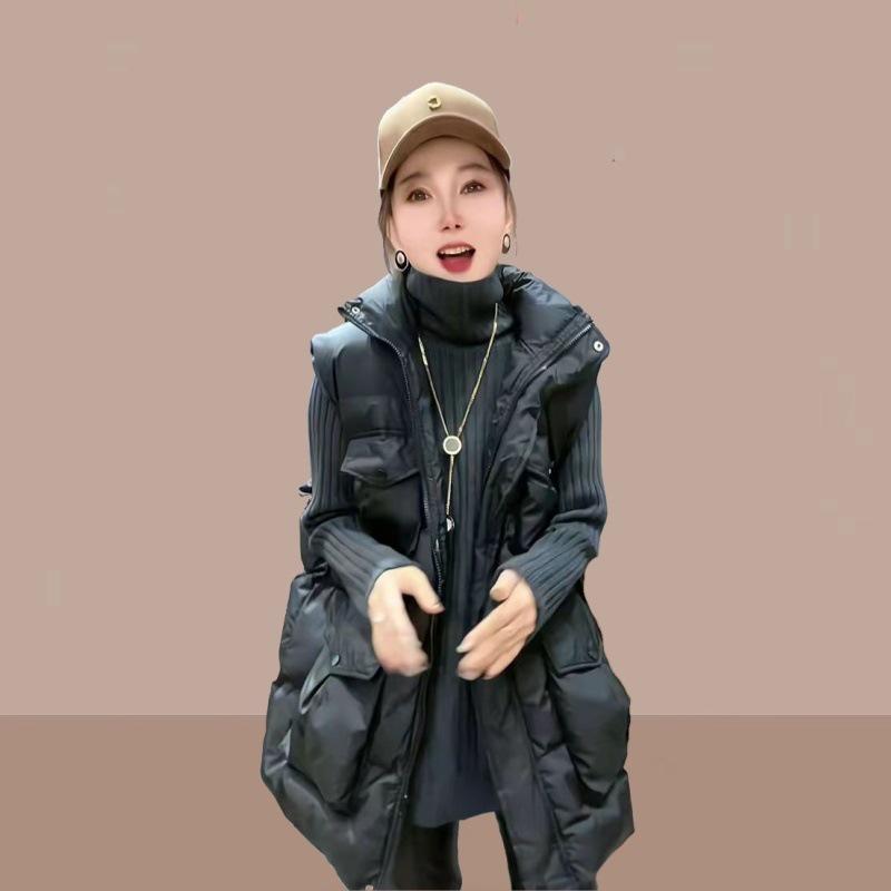 

Женский европейский жилет из тяжелого хлопка с пухом и воротником-стойкой - Толстый, теплый, средней длины, осенне-зимняя верхняя одежда XL чёрный