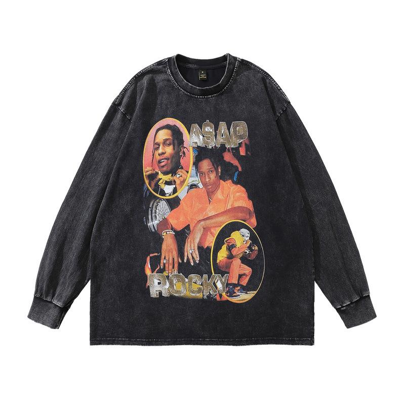 Hip Hop Rap Portrait Print Long Sleeve T-Shirt Autumn Retro Fried Color Men'S Crew Neck Sweater