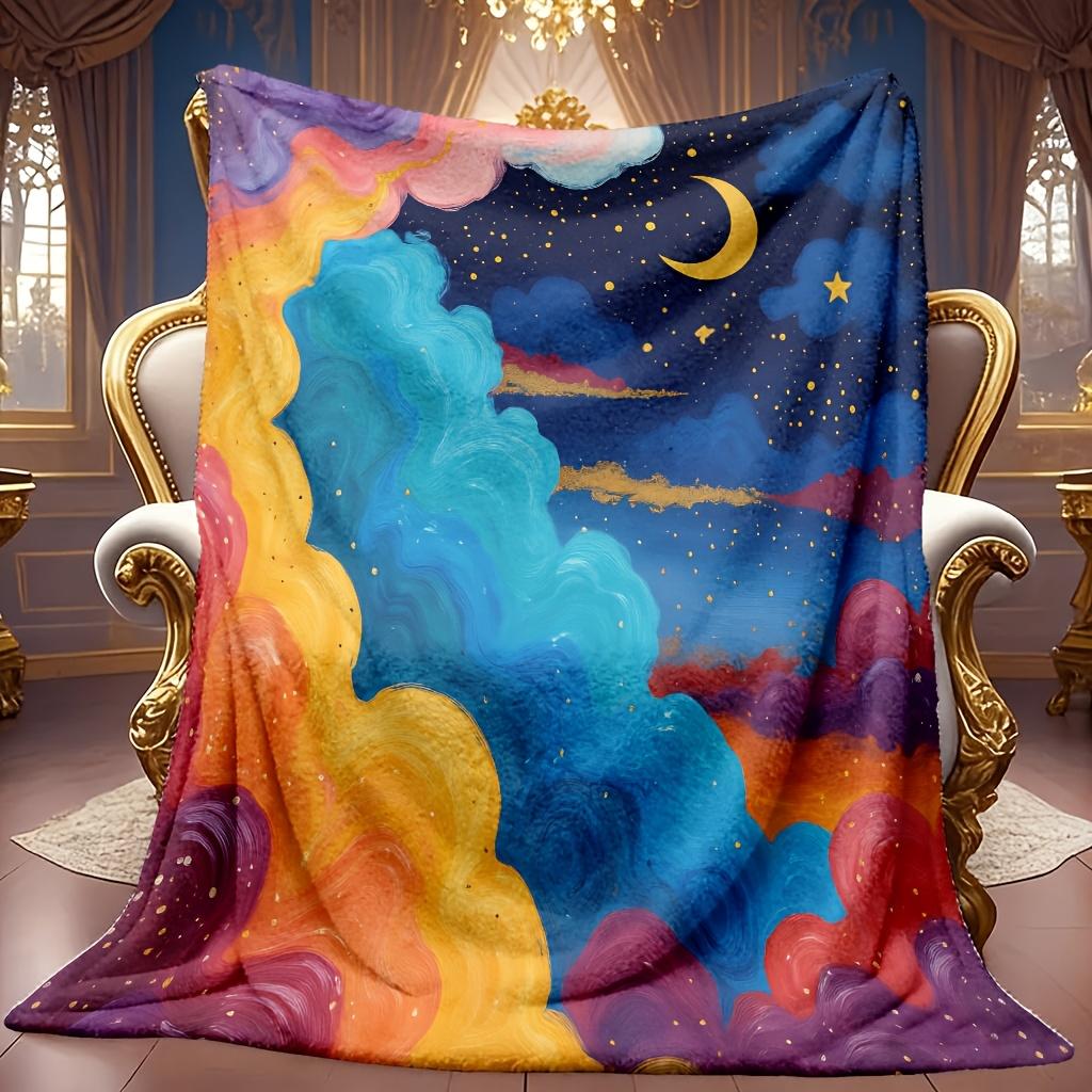 A Cozy Fleece Blanket Featuring a Starry Sky And Cloud Design, Soft with High-Definition Digital Printing, Suitable for Cooling, And Usable All Year R