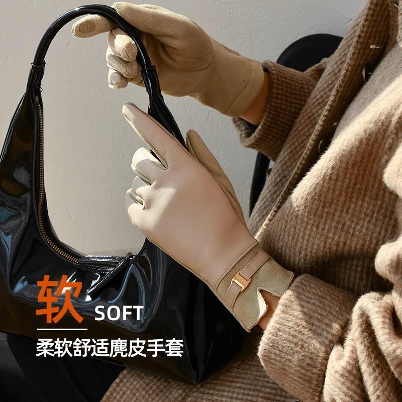 2025 leather gloves women's warm velvet thickened winter driving gloves