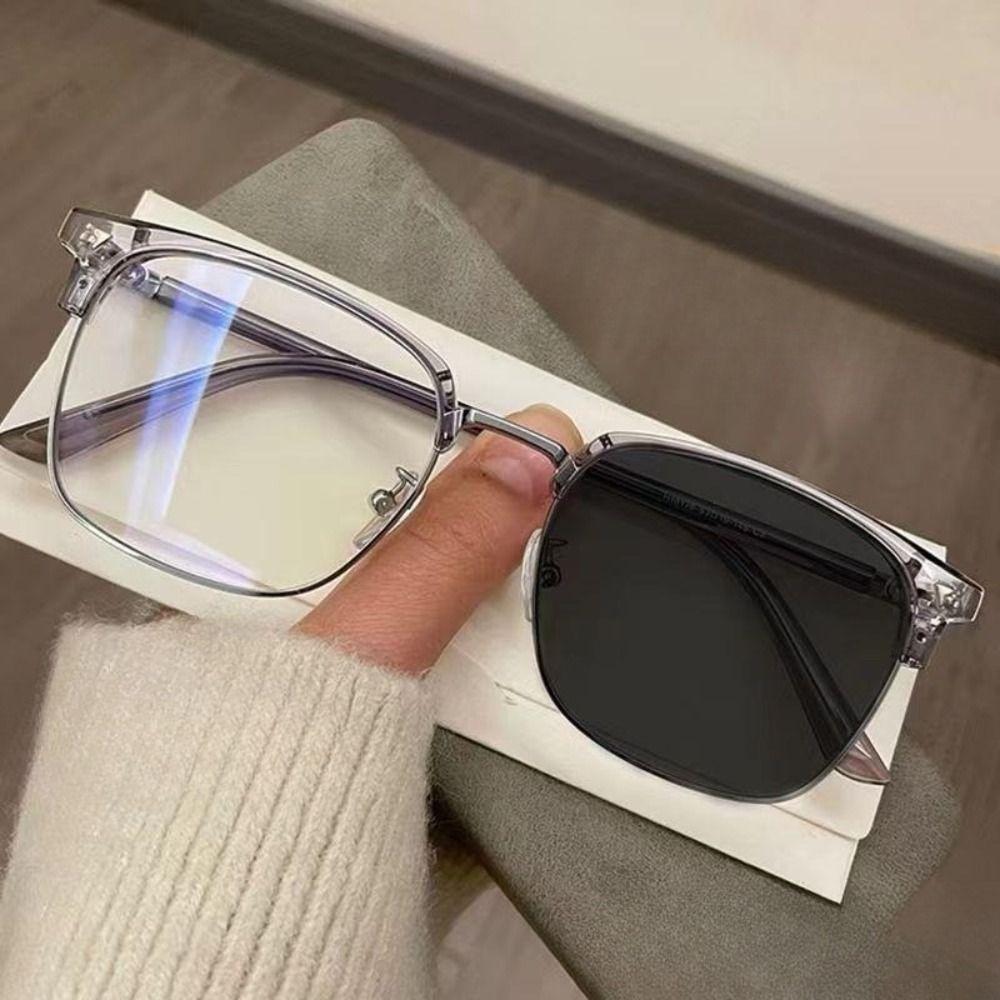 PC Metal Pochromic Glasses Black Grey Silver Oval UV Shades Sunglasses Half Frame Anti Eyestrain Reading Glasses Readers