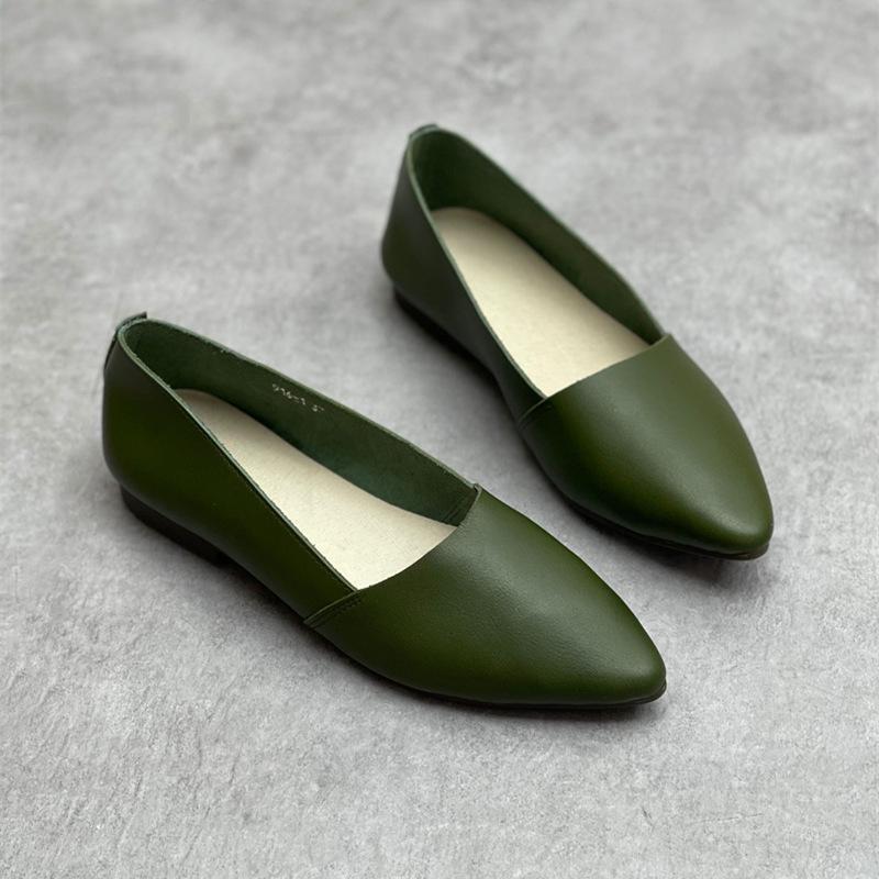 Johnature Sapatos baixos de couro legítimo feitos à mão, bico fino, sola macia, casuais, versáteis, femininos, sem cadarço