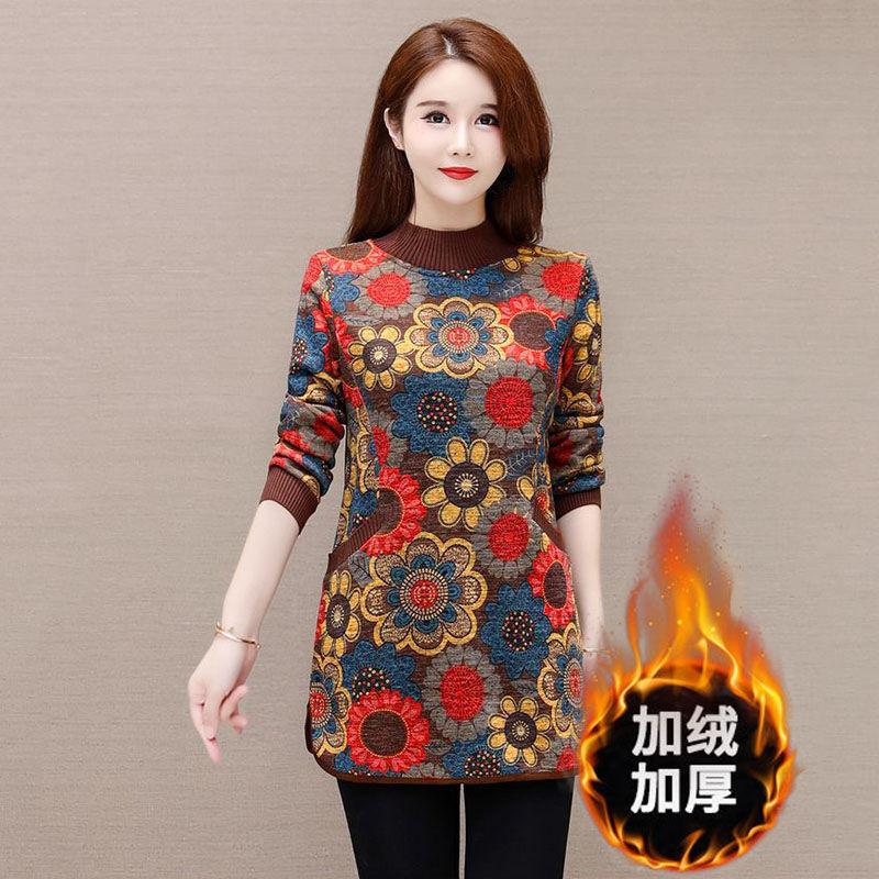 Compound Fleece Thickened Winter Wear Middle-aged and Elderly Long-sleeved T-shirt Mother Wear Stomach Cover Foreign Gas Top Women's Bottoming Shirt