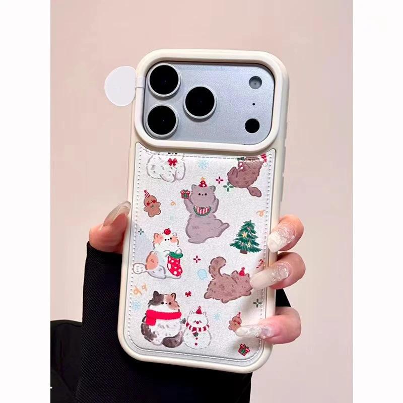 Cute Christmas Kitten Applies To Apple 16/17promax Mobile Phone Case IP15/14plus Bulging Bag Leather Pattern 13 Soft