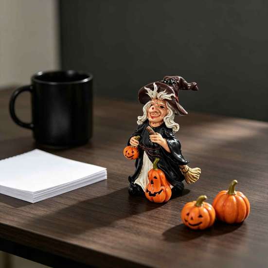Spooky Party Table Centerpieces Halloween Witch Pumpkin Resin Figurine, Vintage Hand-Painted Ornament, Tabletop Creative Gifts for Home Decor