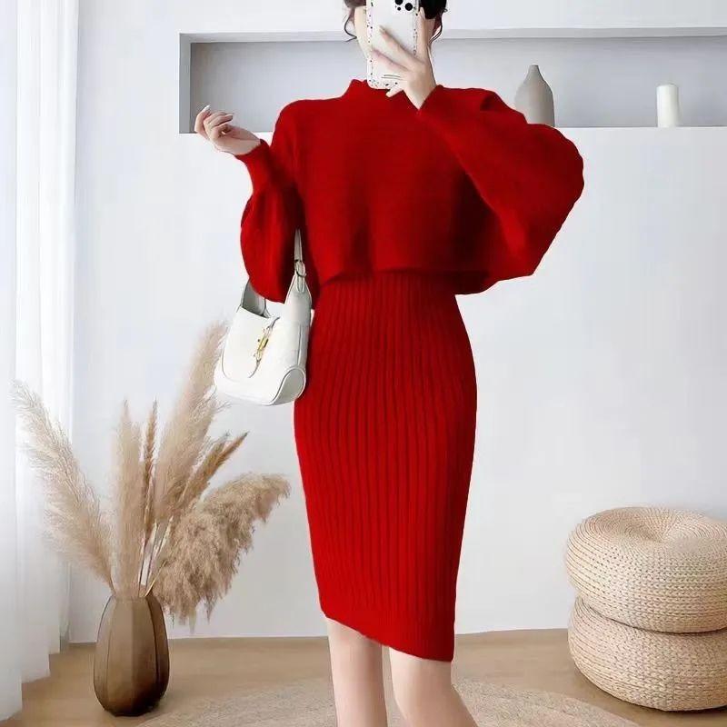 French style western-style sweater two-piece set thickened autumn and winter base dress fashionable knitted suspender dress