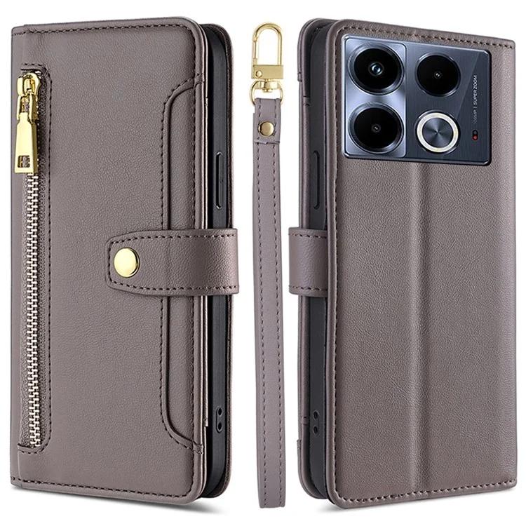 

Для Infinix Note 40 кожаный чехол с плечевым ремнем и подставкой для телефона - серый