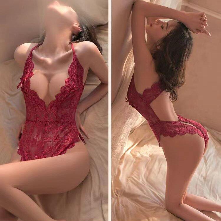 Sexy Crotchless Red Lingerie For Women Porn Lace Bodysuit Erotic Pajamas Transparent Teddy Dress Deep V Open Bra Underwear Set