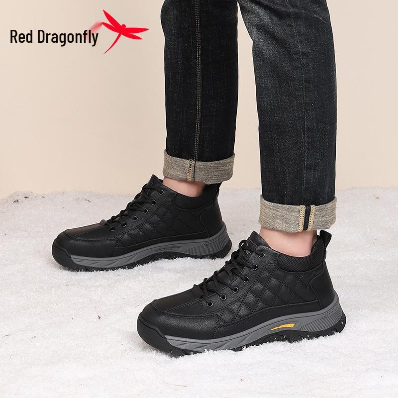 Red Dragonfly Men's High-Top Cold-Proof Winter Shoes - Warm Velvet Lining for Elderly and Middle-Aged Dads