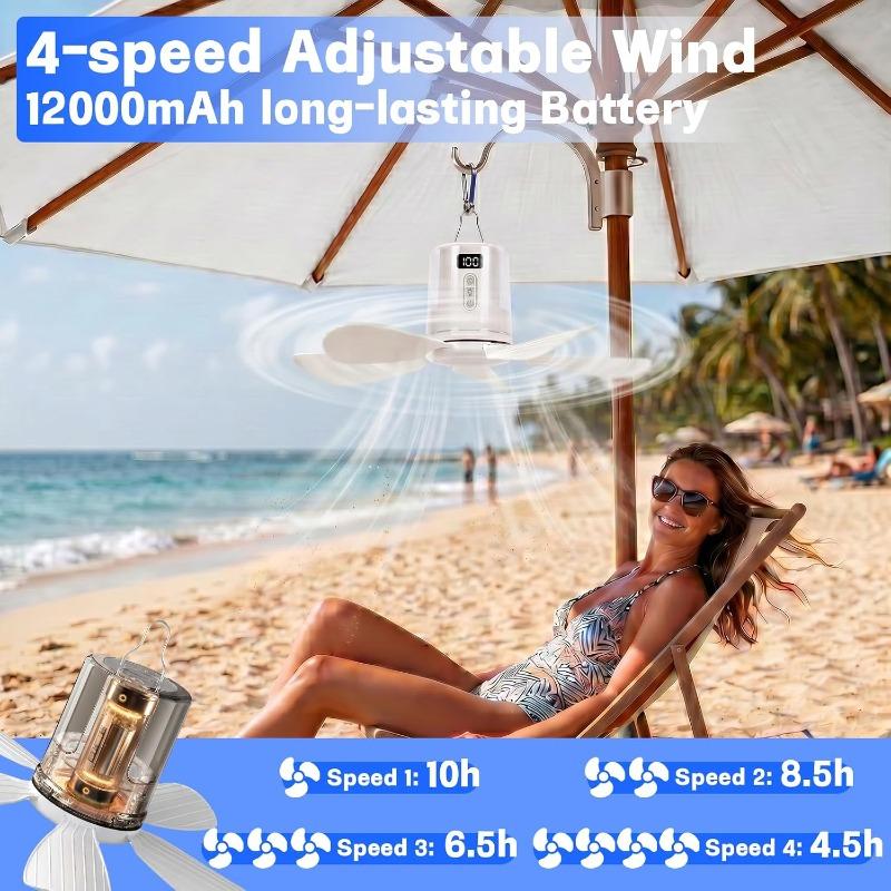 Ventilatore da soffitto portatile multifunzione da 10800 mAh con illuminazione ambientale RGB, a batteria per camera da letto, tenda da campeggio, viaggi all'aperto