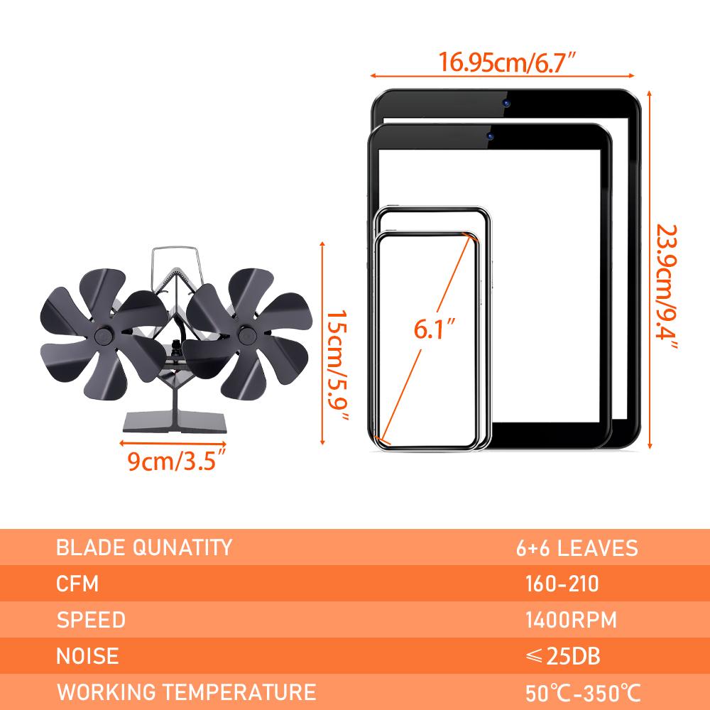 12 Blade Wood Stove Fan Heat Powered Fireplace Fan Log Wood Burner Double Head Fan Quiet Home Thermal Cycle Warm Air Heating