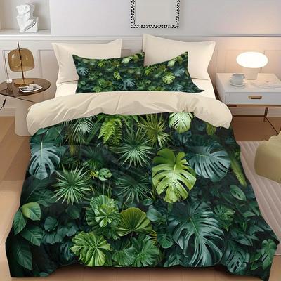 Juego de edredón estampado con plantas tropicales verde oscuro de 3 piezas- Incluye 1 funda de edredón y 2 fundas de almohada (sin Relleno)
