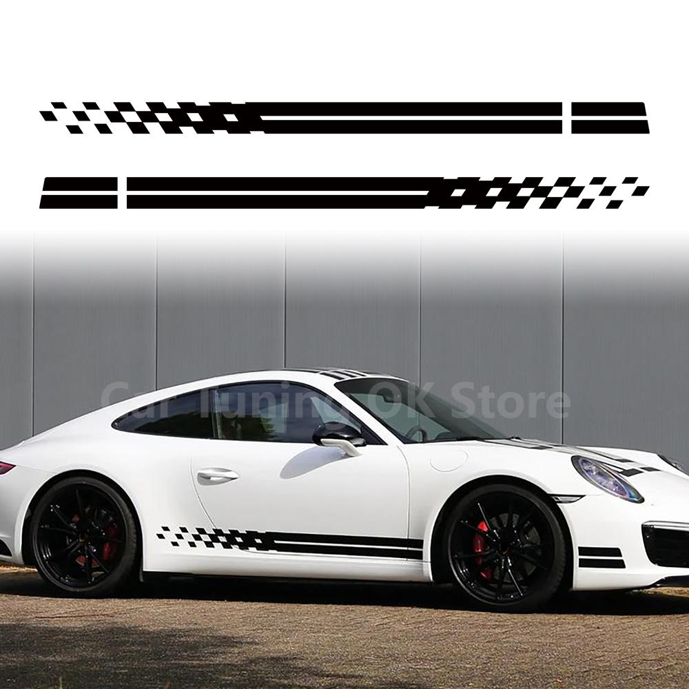 Checkered Graphic Car Door Side Skirt Stickers for Porsche 718 911 Racing Sport Auto Body Stripe Vinyl Film Decals Accessories