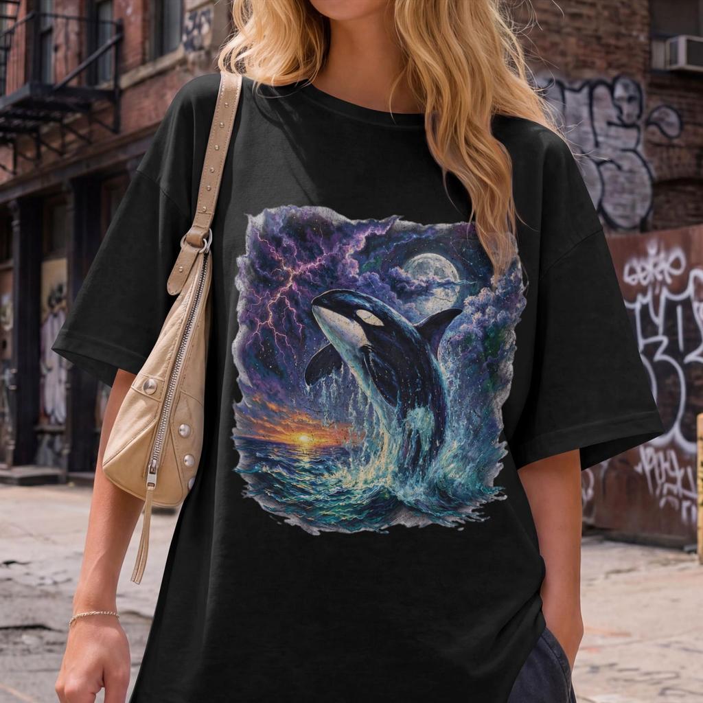 Vintage Orca Midnight Graphic T-Shirt, Retro Killer Whale Shirt, 90s Ocean Wildlife Lightning Tee