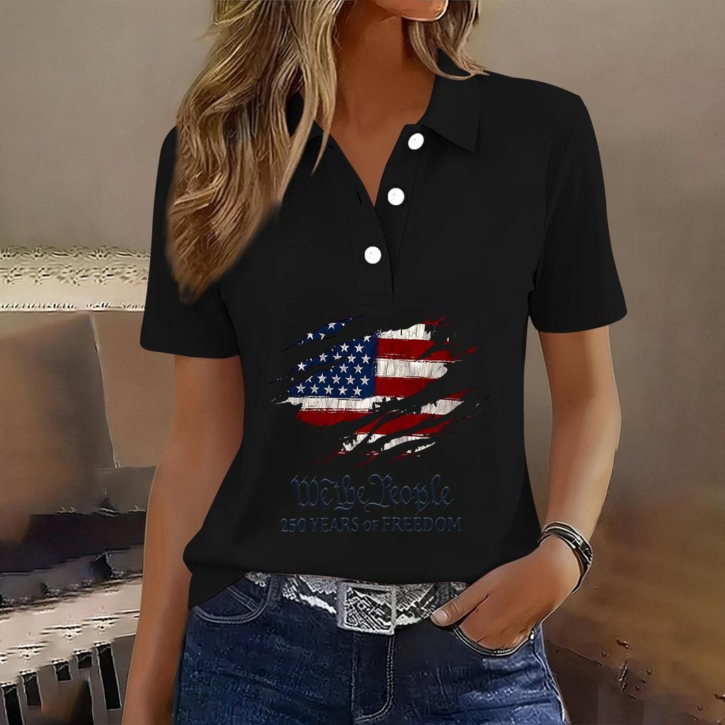 Damen Casual Knopfleiste Kurzarm Poloshirt Amerikanische Flagge Grafikdruck 250. Jahrestag Patriotisches Oberteil Leichtes Sommer-T-Shirt