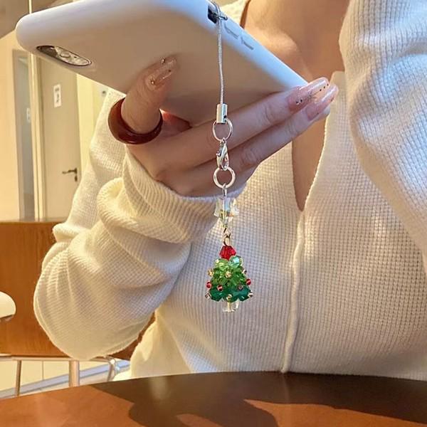 Beaded Christmas Tree Phone Charm - Handmade Pendant Gift
