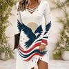Women Cross V Neck Long Sleeve Dress Pink Heart Floral Print Irregular Hem Dress
