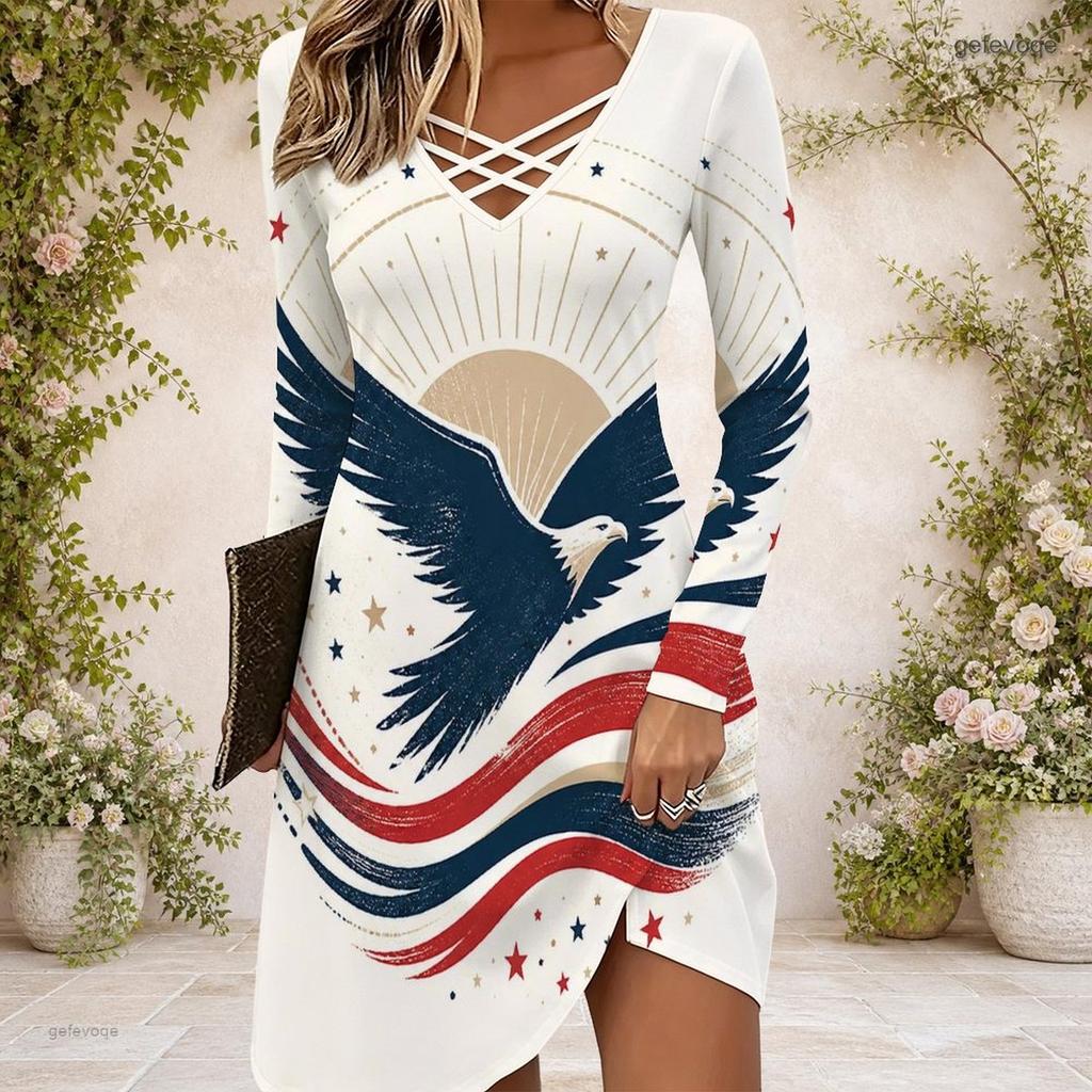 Women Cross V Neck Long Sleeve Dress Pink Heart Floral Print Irregular Hem Dress