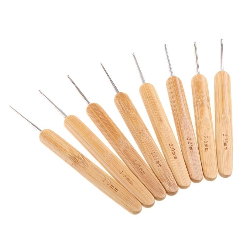 New Bamboo Handled Metal Crochet Hooks 8 Pcs 8 Sizes Needles Weave Craft