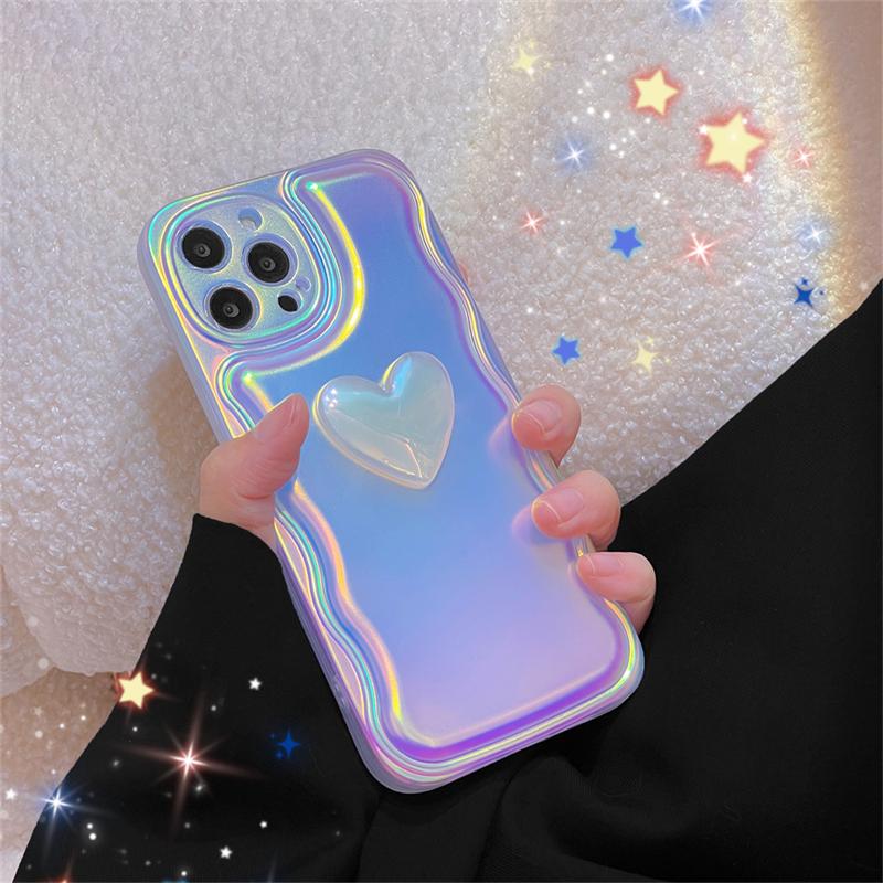 Husă de telefon de lux cu laser 3d Love Heart Wave Edge pentru Iphone 13 12 11 Pro Xs Max X Xr Husă din spate moale, elegantă Aurora, rezistentă la șocuri