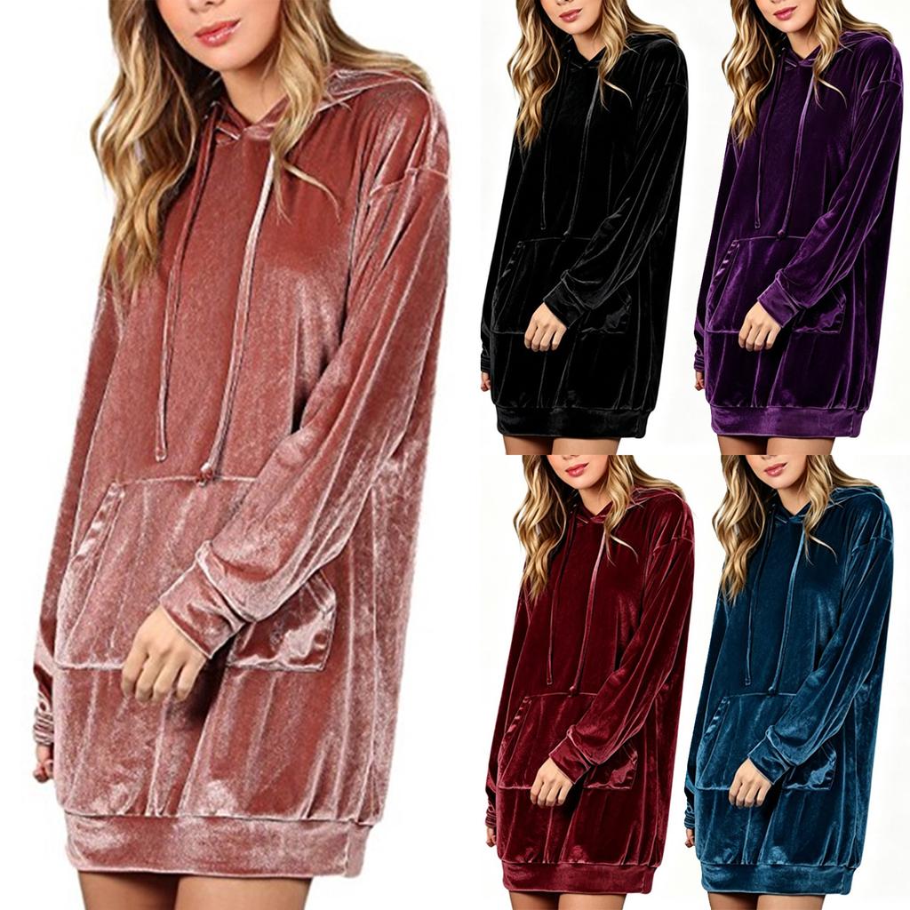 Women's Hooded Long Sleeve Loose Fit Color Dress for Casual Everyday Wear