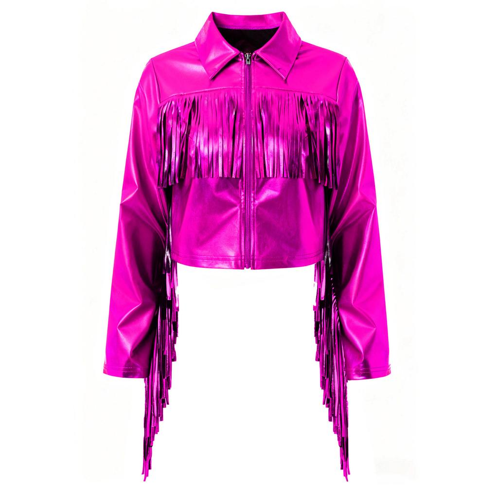 Women's Dance Birthday Party Jacket S-3XL: Tassels Metallic Glossy Turn-Down Collar Long Sleeve Zipper Fringe Shiny Design