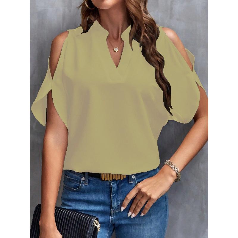 2026 Summer New V-neck Elegant Short-sleeve Fashionable Off-shoulder Women's Solid Color Top