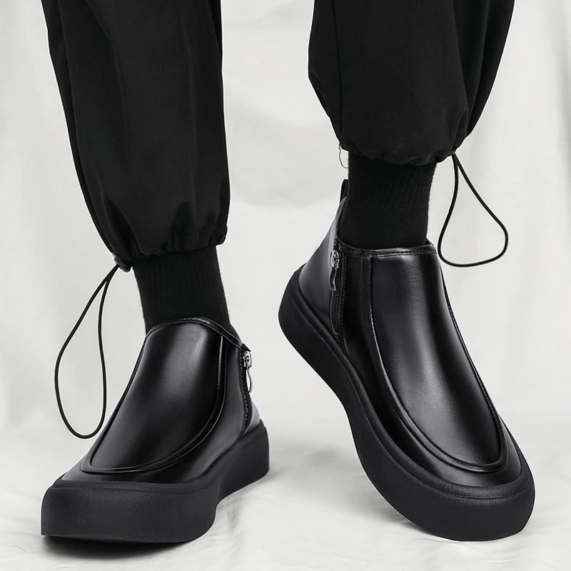 Fashion Leather Men Ankle Boots Slip on High-top Mens Casual Shoes Outdoor Lightweight Comfortable Platform Man Work Boots