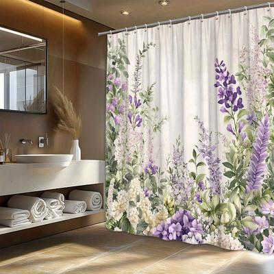 1pc Serene Spring Floral Shower Curtain - Lavender Hydrangeas,White Lilacs & Purple Foxgloves,Beige Background,Durable Polyester