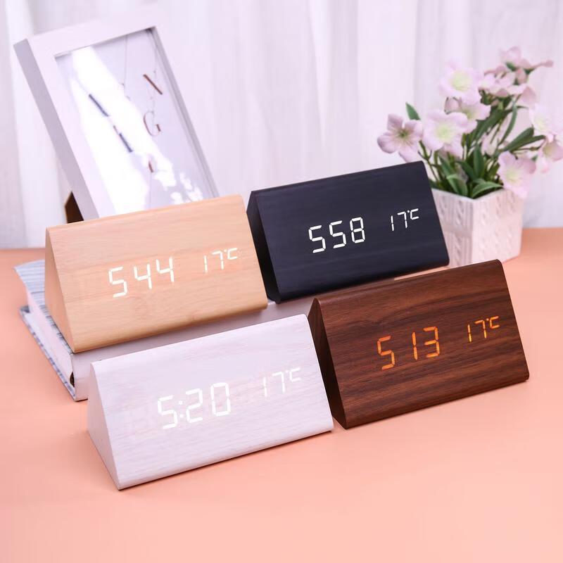 HANDUNYOU Creative Triangular Wood Grain Digital Alarm Clock