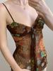 European & American Retro Print Spaghetti Strap Waist-Cinching Slim Bandeau Top