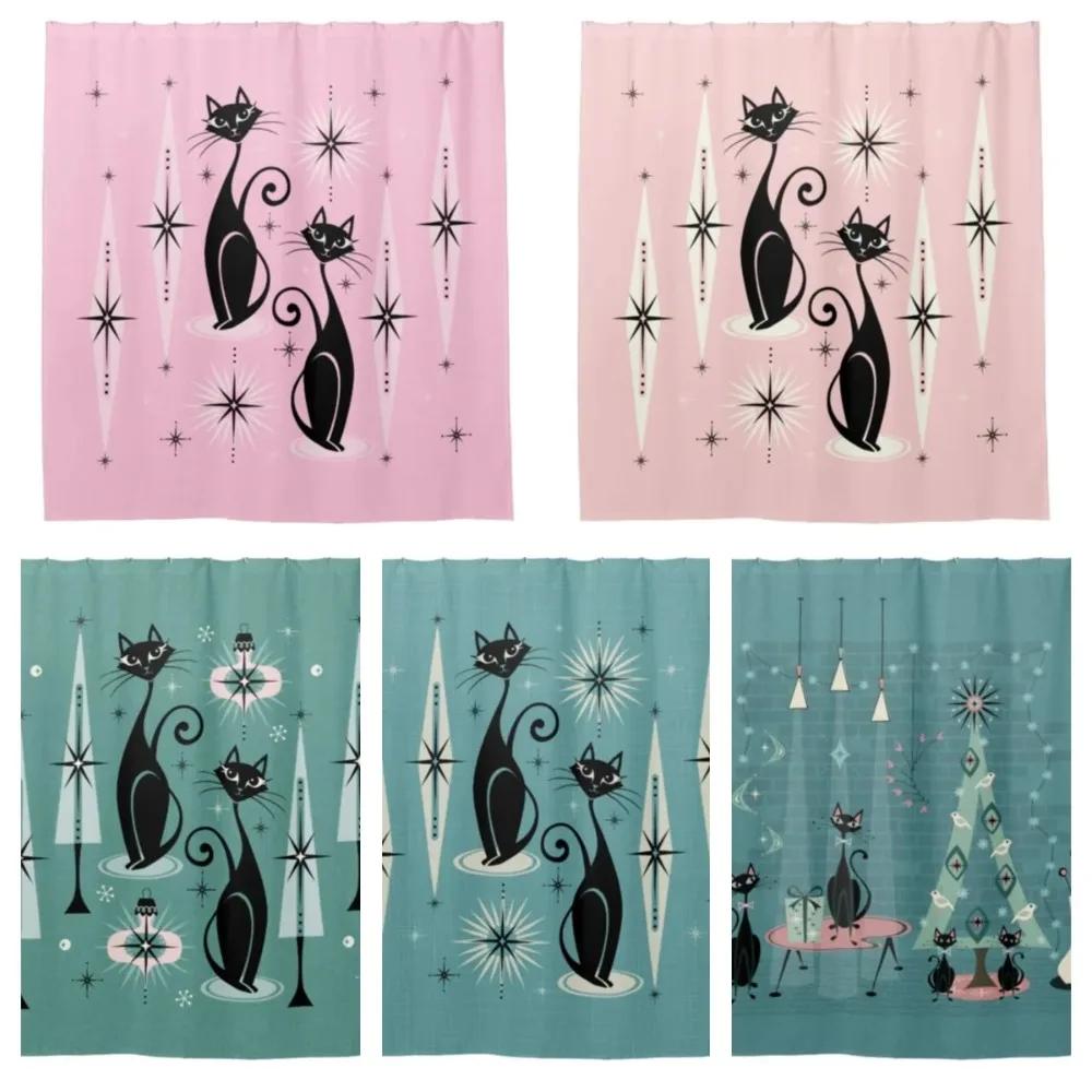 Monika Chen Retro Atomic Cat Mid-Century Cat Family Holiday Shower Curtain Bathroom Curtain With Hook Bathroom Curtain