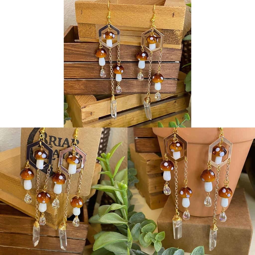Bohemia Handmade Alloy Mushroom Drop Earrings With Transparent Crystal For Summer Style