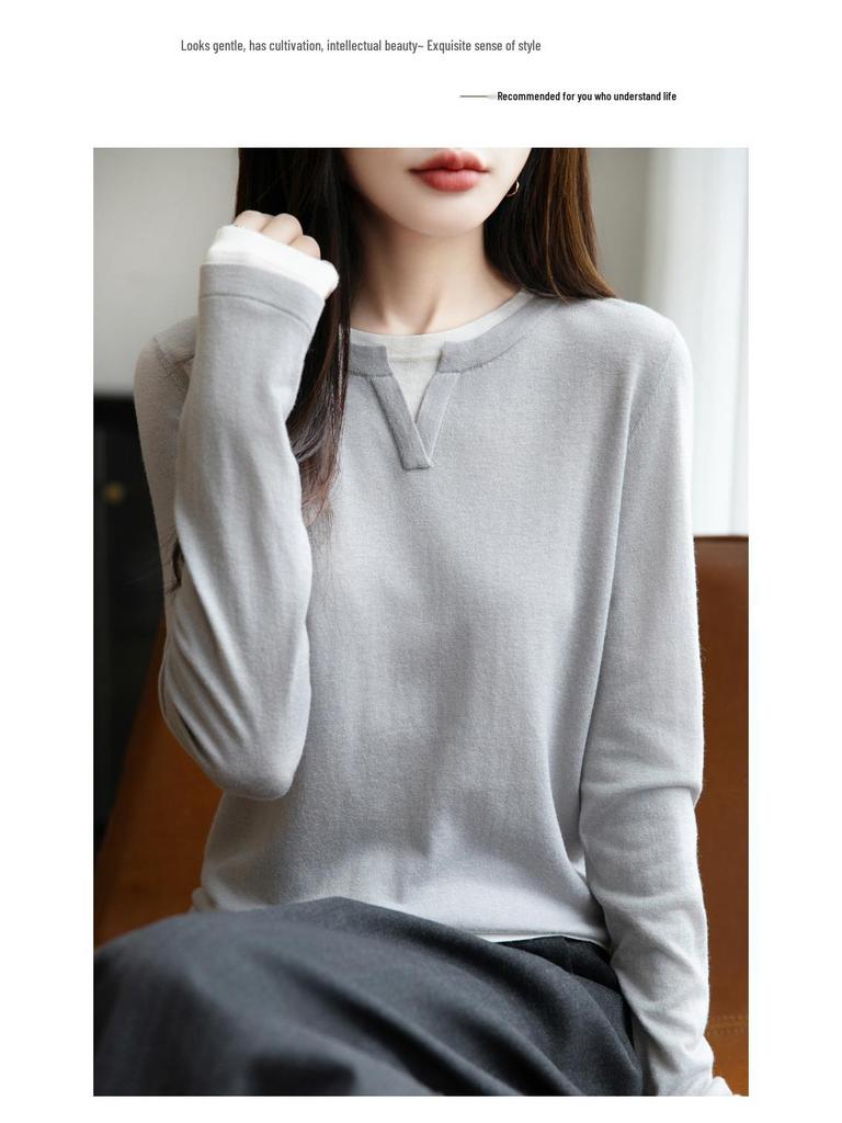 Women's 2025 Autumn/Winter Round Neck Two-Piece Look Wool Knit Long Sleeve Versatile Pullover Sweater Top