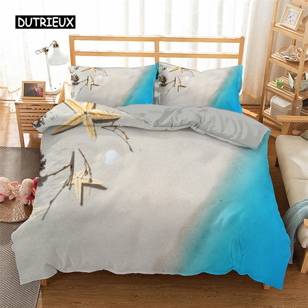 Starfish Duvet Cover Set Summer Beach Seashell Starfish Twin Bedding Set Polyester Hawaiian Tropical Nature Sea King Quilt Cover
