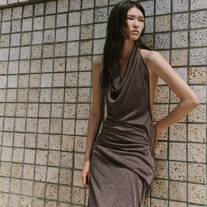 Zbzr Spring New Women Clothes Western Style Fashion Sexy Backless Metallic Line Length Dress 2180237